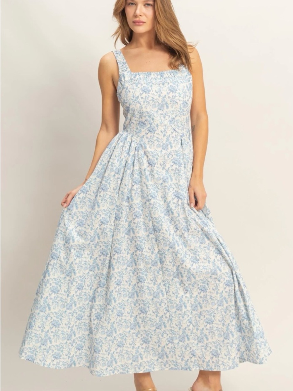 HYFVE Blue Floral Cotton Empire Waist Maxi Dress Square Neck Cottagecore Medium - Picture 4 of 5